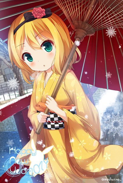 Anime picture 2362x3496 with gochuumon wa usagi desu ka? white fox kirima sharo chinomaron single tall image looking at viewer blush highres short hair blonde hair holding green eyes signed outdoors traditional clothes japanese clothes :o sparkle twitter username