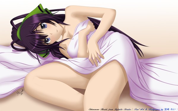 Anime picture 1920x1200 with infinite stratos 8bit shinonono houki miyazaki rei single long hair highres blue eyes light erotic wide image purple hair ponytail lying girl