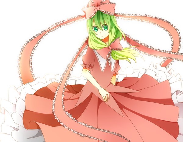 Anime picture 1264x982 with touhou kagiyama hina pirororon (artist) single long hair looking at viewer green eyes green hair girl dress hair ornament bow ribbon (ribbons) hair ribbon frills