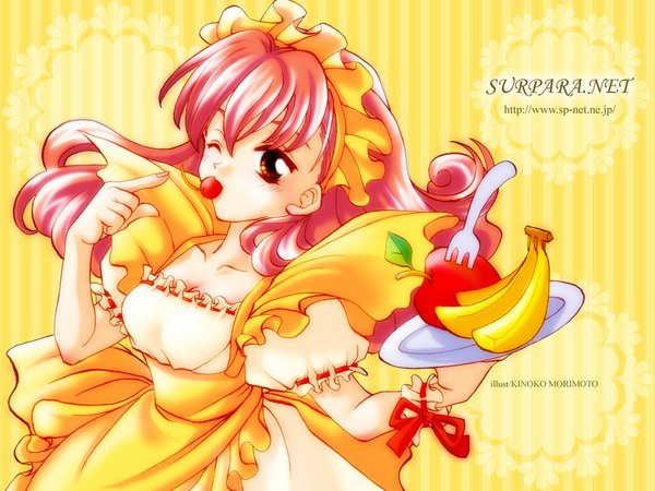 Anime picture 1024x768 with red eyes pink hair one eye closed wink waitress food apron fruit berry (berries) apple plate fork cherry banana morimoto kinoko