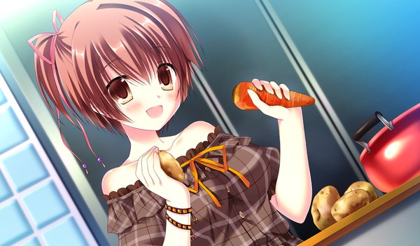 Anime picture 1024x600 with da capo iii hinomoto aoi takano yuki (allegro mistic) single blush short hair open mouth brown hair wide image brown eyes game cg one side up girl dress ribbon (ribbons) hair ribbon vegetables