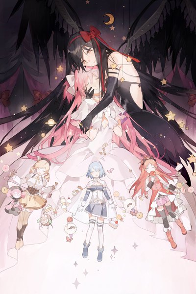 Anime picture 900x1350 with mahou shoujo madoka magica shaft (studio) akemi homura kaname madoka sakura kyouko miki sayaka tomoe mami goddess madoka akuma homura charlotte (madoka magica) star shadow magician long hair tall image short hair black hair bare shoulders multiple girls yellow eyes pink hair red hair