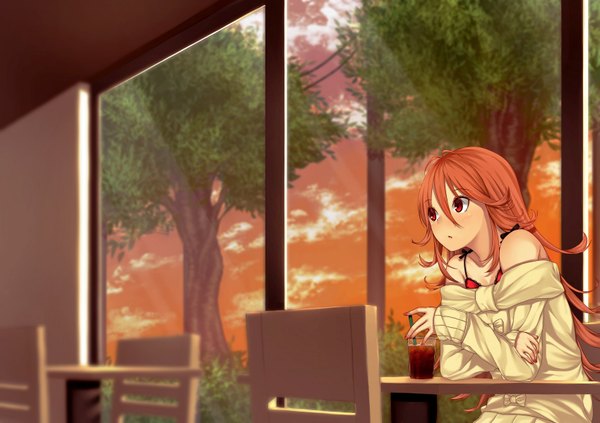 Anime picture 1699x1200 with tokyo 7th sisters mikazuchi zeus single long hair blush red eyes sitting bare shoulders looking away sky cloud (clouds) indoors orange hair evening sunset street girl plant (plants) tree (trees) window
