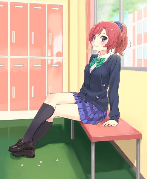 Anime picture 1300x1580 with love live! school idol project sunrise (studio) love live! nishikino maki getsumen (artist) single long hair tall image blush fringe breasts smile sitting purple eyes ponytail red hair indoors pleated skirt arm support girl