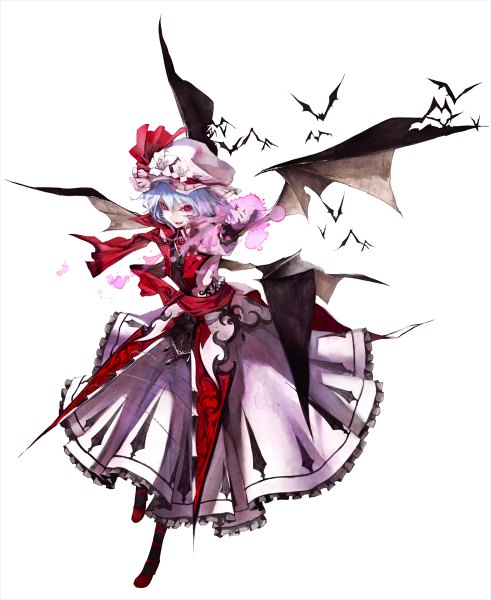 Anime picture 982x1200 with touhou koumajou densetsu 2 remilia scarlet banpai akira single tall image short hair open mouth smile red eyes white background blue hair teeth outstretched arm bat wings multiple wings girl dress flower (flowers) animal