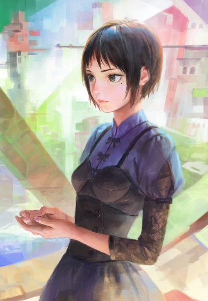 Anime picture 1330x1920 with original arata yokoyama single tall image short hair black hair green eyes looking away nail polish mole mole under eye surreal girl dress building (buildings) corset