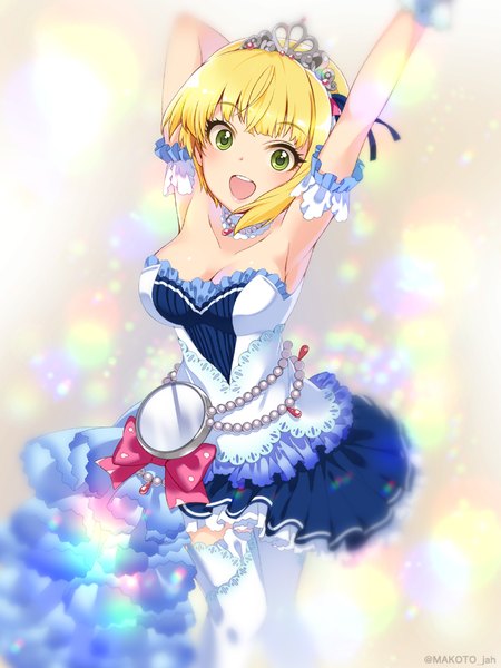 Anime picture 750x1000 with idolmaster idolmaster cinderella girls idolmaster cinderella girls starlight stage miyamoto frederica mizuki makoto single tall image looking at viewer blush fringe short hair open mouth blonde hair green eyes starry sky bright girl thighhighs dress bow white thighhighs