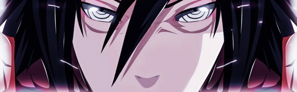 Anime picture 2732x852 with naruto studio pierrot naruto (series) uchiha madara anvmadara single long hair looking at viewer highres black hair wide image coloring close-up face silver eyes rinnegan samurai boy ninja