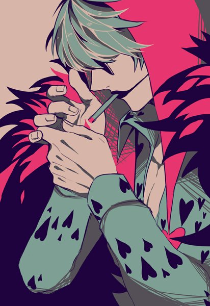 Anime picture 703x1024 with one piece toei animation donquixote rocinante mako1124 single tall image short hair simple background profile aqua hair grey background lipstick open collar smoking alternate color heart print boy shirt heart sunglasses