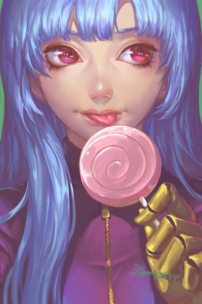 Anime picture 1000x1500 with the king of fighters snk kula diamond spade-m single long hair tall image fringe smile signed payot blue hair looking away blunt bangs pink eyes close-up eyebrows girl gloves food