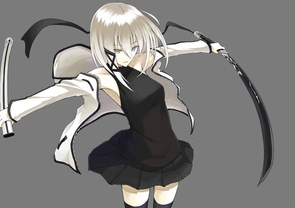 Anime picture 1696x1200 with original zinnia silane kauto short hair silver hair open clothes open jacket teeth looking down silver eyes girl dress skirt weapon sword jacket hairband