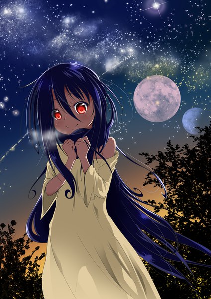 Anime picture 636x900 with the ring yamamura sadako azumawari (azumofu) single long hair tall image fringe black hair smile hair between eyes red eyes standing looking away sky outdoors wind off shoulder night sparkle night sky