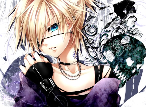 Anime picture 1400x1024 with vocaloid kagamine len ueno tsuki single looking at viewer fringe highres short hair blue eyes blonde hair white background parted lips hair over one eye tattoo floral print girl gloves earrings fingerless gloves eyepatch