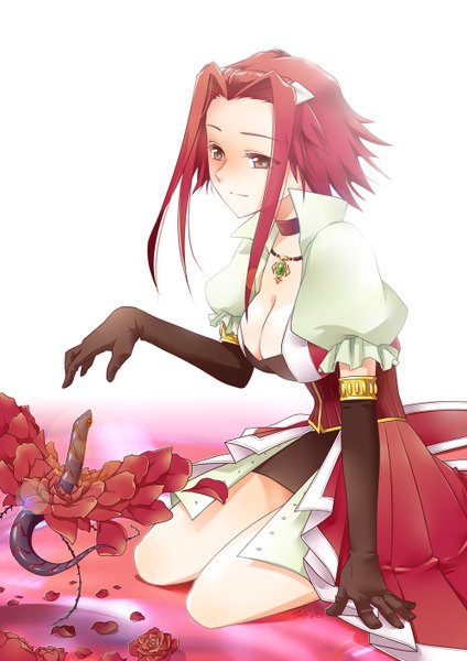 Anime picture 1000x1414 with yu-gi-oh! yuu-gi-ou 5d's izayoi aki pping (artist) tall image blush short hair breasts red eyes red hair girl dress gloves flower (flowers) petals elbow gloves snake