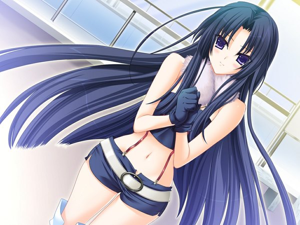 Anime picture 1024x768 with long hair black hair purple eyes game cg girl gloves shorts