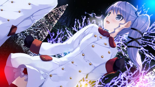 Anime picture 1280x720 with nanatsu no fushigi no owaru toki tomariyama fumi ueda ryou long hair blush open mouth blue eyes wide image blue hair looking away game cg outdoors turning head side ponytail solo focus girl ribbon (ribbons) hair ribbon jacket christmas tree