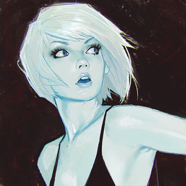 Anime picture 900x900 with original ilya kuvshinov single short hair open mouth blue eyes looking away white hair looking back lips armpit (armpits) portrait dark background pale skin sketch girl