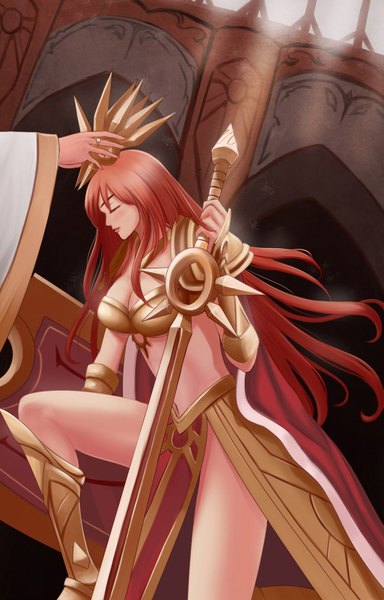 Anime picture 1025x1600 with league of legends leona (league of legends) seiryu zaiten long hair tall image blush eyes closed orange hair girl weapon sword armor