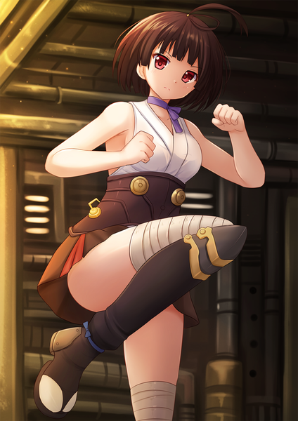 Anime picture 945x1337 with koutetsujou no kabaneri wit studio mumei (kabaneri) kazenokaze single tall image looking at viewer short hair light erotic red eyes brown hair ahoge legs girl skirt miniskirt bandage (bandages)