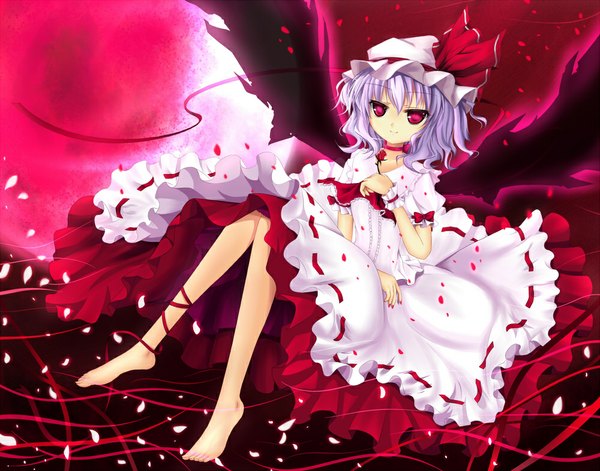 Anime picture 1000x785 with touhou remilia scarlet cloudy.r single looking at viewer short hair red eyes purple hair barefoot red moon girl dress flower (flowers) petals wings