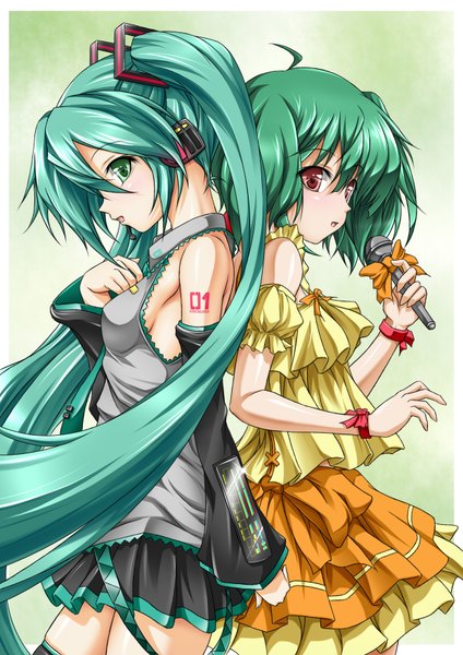 Anime picture 1240x1754 with macross macross frontier vocaloid hatsune miku ranka lee roura long hair tall image short hair red eyes twintails bare shoulders multiple girls green eyes ahoge profile green hair aqua hair back to back girl