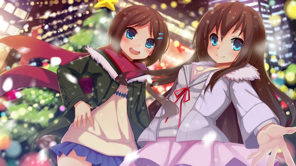 Anime picture 1920x1080 with original nerv110 long hair looking at viewer blush highres short hair open mouth blue eyes brown hair wide image multiple girls blurry depth of field fur trim snowing exhalation girl skirt 2 girls