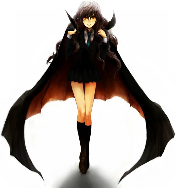 Anime picture 1120x1198 with original michi ta (masquerade) single long hair tall image blush smile brown hair white background orange eyes vampire girl skirt uniform school uniform choker necktie shoes blood cloak