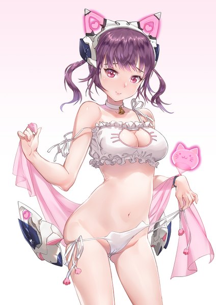 Anime picture 1131x1600 with original mhk (mechamania) single tall image looking at viewer blush short hair breasts light erotic red eyes white background purple eyes cleavage underwear only ass visible through thighs girl navel hair ornament underwear panties