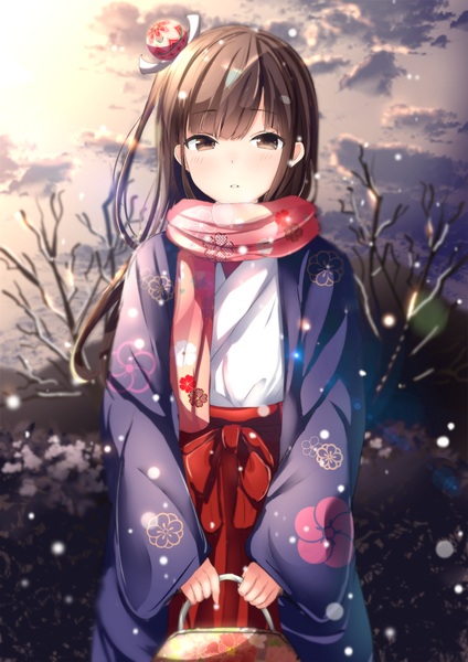 Anime picture 1059x1500 with original morerin single long hair tall image looking at viewer fringe brown hair brown eyes blunt bangs traditional clothes japanese clothes blurry depth of field floral print snowing winter miko exhalation bare tree