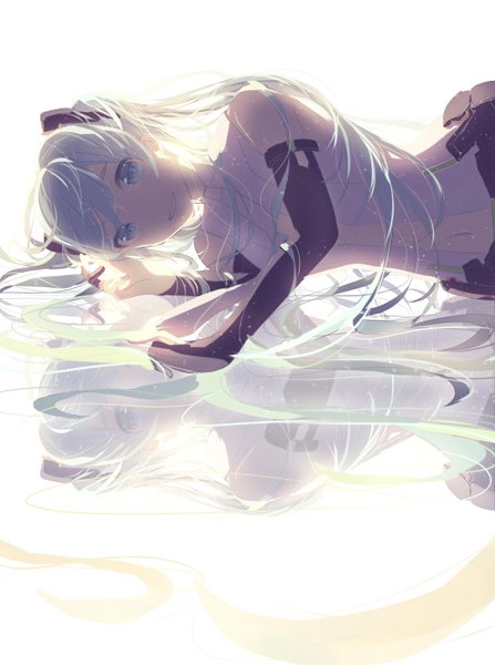 Anime picture 1080x1450 with vocaloid vocaloid append hatsune miku hatsune miku (append) single tall image smile twintails very long hair aqua eyes aqua hair reflection girl navel detached sleeves