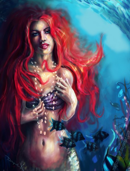 Anime picture 914x1200 with the little mermaid disney ariel magicnaanavi long hair tall image looking at viewer blue eyes red hair aqua eyes lipstick watermark underwater red lipstick girl navel fish (fishes) beads mermaid