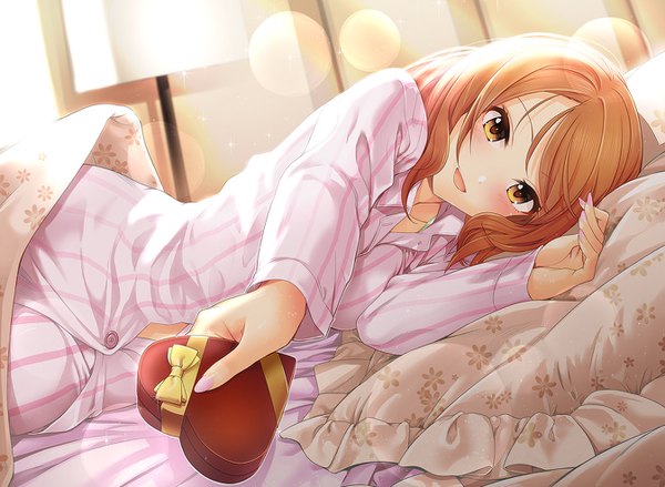 Anime picture 1346x986 with idolmaster idolmaster cinderella girls houjou karen kazu single looking at viewer blush fringe short hair open mouth smile brown hair brown eyes lying lens flare floral print on side striped outstretched hand valentine