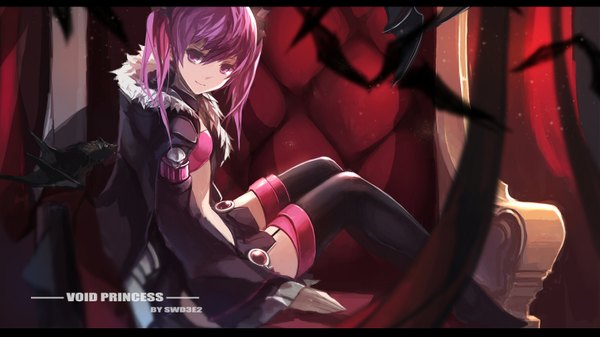 Anime picture 1512x850 with elsword aisha landar swd3e2 single long hair looking at viewer wide image sitting twintails pink hair pink eyes fur trim girl thighhighs animal jacket fur garter straps armchair bat