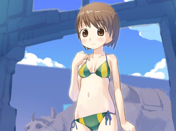 Anime picture 1230x922 with single blush short hair light erotic brown hair girl swimsuit