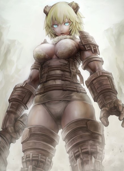 Anime picture 1024x1403 with original nabe (artist) single tall image short hair breasts open mouth blue eyes light erotic blonde hair cleavage realistic giant girl gloves underwear panties elbow gloves armor thigh boots