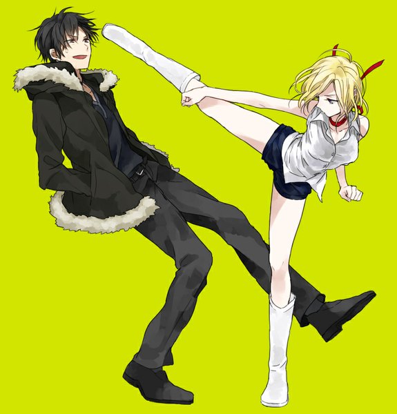 Anime picture 806x841 with durarara!! brains base (studio) orihara izaya vorona urahara tall image short hair open mouth black hair simple background blonde hair red eyes purple eyes profile open clothes open jacket standing on one leg leg lift (legs lift) fighting stance hands in pockets