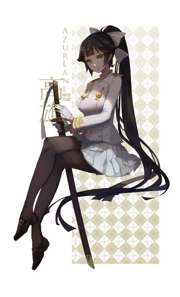 Anime picture 745x1228 with azur lane takao (azur lane) shadowsinking single tall image blush black hair sitting holding green eyes full body ponytail long sleeves very long hair pleated skirt copyright name crossed legs expressionless sheathed girl