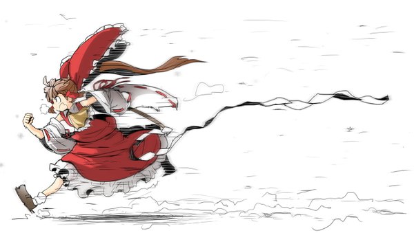 Anime picture 2667x1508 with touhou hakurei reimu usagi (touhopu2) single long hair fringe highres open mouth simple background wide image white background holding payot looking away full body ponytail profile wide sleeves exhalation frilly skirt