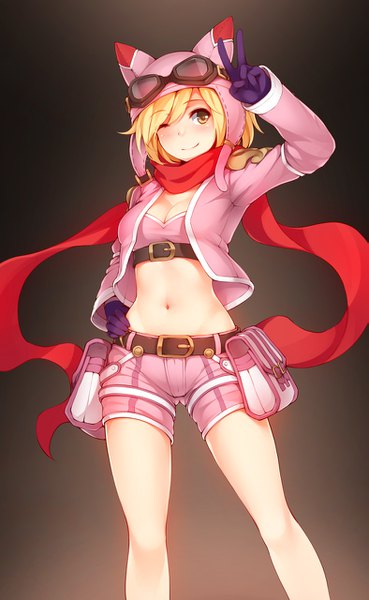 Anime picture 787x1280 with granblue fantasy gita (granblue fantasy) ricegnat single tall image blush short hair blonde hair smile brown eyes looking away one eye closed wink midriff hand on hip victory ass visible through thighs dark background goggles on head animal hood