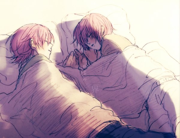 Anime picture 1280x982 with daiya no ace production i.g kominato ryosuke kominato haruichi tsubaki short hair pink hair lying eyes closed multiple boys sleeping siblings brothers boy pillow bed 2 boys