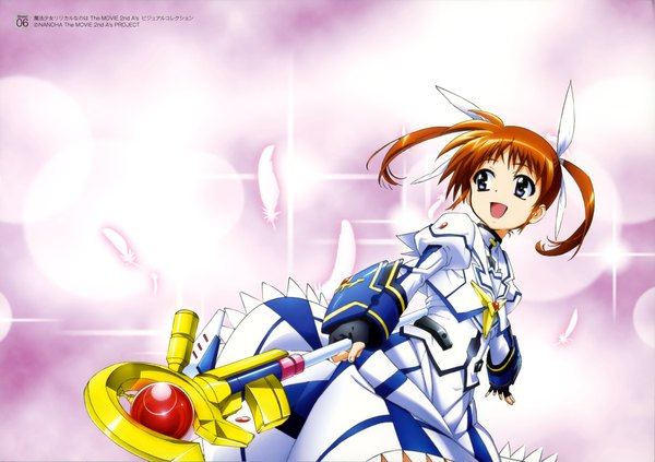 Anime picture 4094x2890 with mahou shoujo lyrical nanoha takamachi nanoha single highres short hair open mouth twintails absurdres black eyes scan orange hair official art short twintails girl dress gloves bow hair bow fingerless gloves feather (feathers)