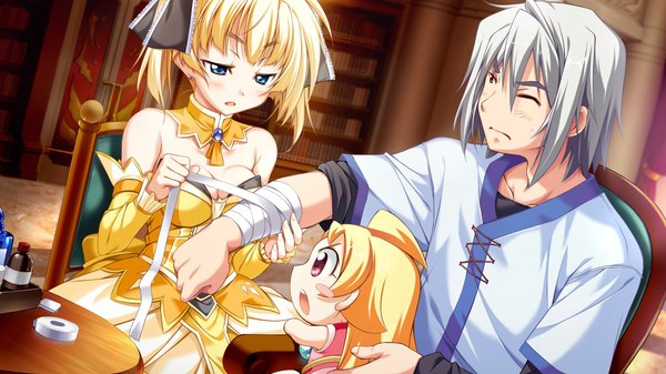 Anime picture 1920x1080 with taiyou no promia kodama (taiyou no promia) elegano von kreutzer promia highres short hair blue eyes blonde hair red eyes wide image game cg grey hair couple chibi girl dress boy