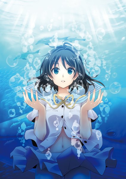 Anime picture 1157x1637 with original bomi single tall image short hair blue eyes black hair underwater girl skirt navel miniskirt shirt bubble (bubbles) fish (fishes)