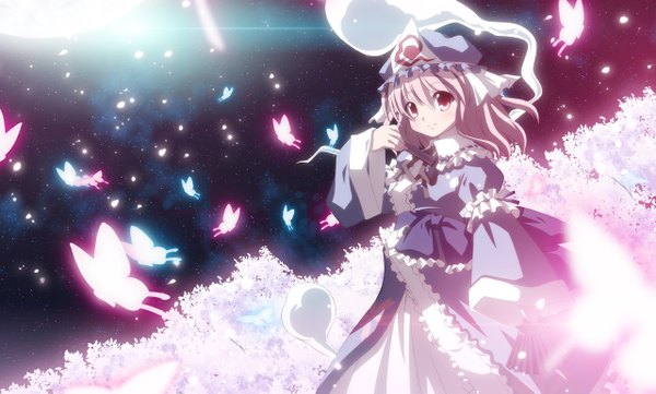 Anime picture 1280x771 with touhou saigyouji yuyuko izumi bell single short hair blonde hair smile red eyes wide image light girl hat petals insect butterfly