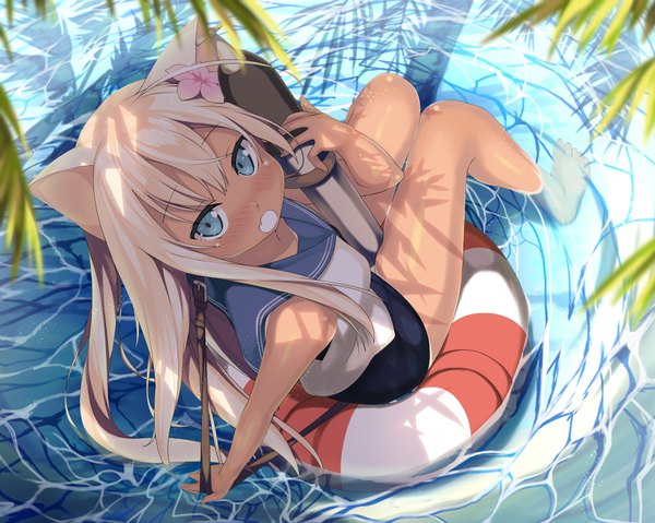 Anime picture 2049x1639 with kantai collection ro-500 submarine kawai (purplrpouni) single long hair looking at viewer blush highres blue eyes light erotic animal ears white hair hair flower girl flower (flowers) swimsuit one-piece swimsuit sailor suit school swimsuit