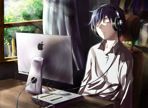 Anime picture 3656x2665 with original tagme (artist) highres short hair sitting absurdres eyes closed sunlight tears crying boy plant (plants) tree (trees) window headphones curtains chair wire (wires) computer office chair