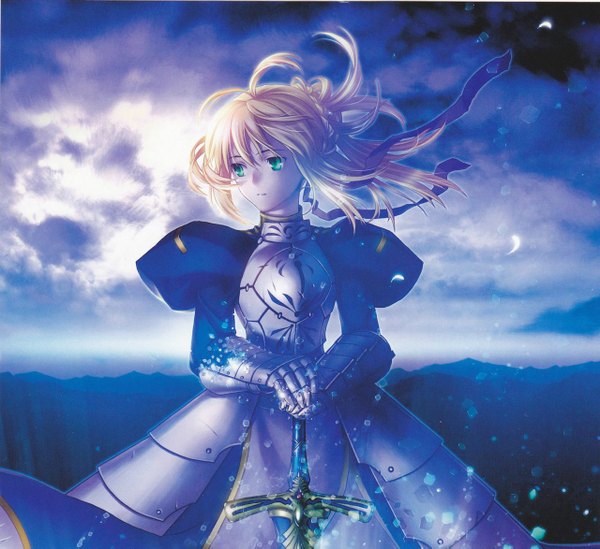 Anime picture 1280x1173 with fate (series) fate/stay night fate/zero studio deen type-moon artoria pendragon (all) saber single long hair fringe blonde hair standing green eyes looking away sky cloud (clouds) braid (braids) scan mountain girl