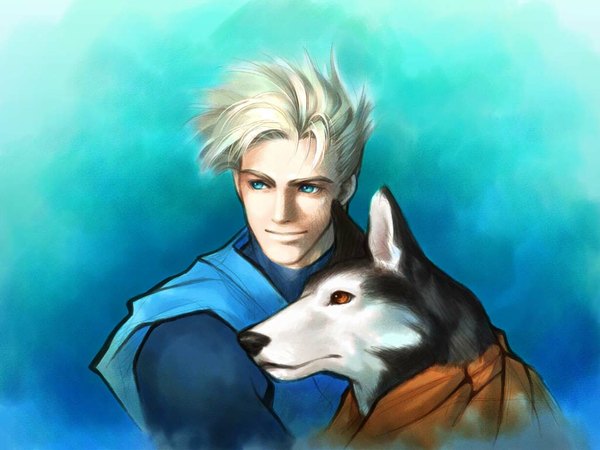 Anime picture 1024x768 with samurai spirits galford short hair blue eyes blonde hair brown eyes light smile blue background boy dog ninja