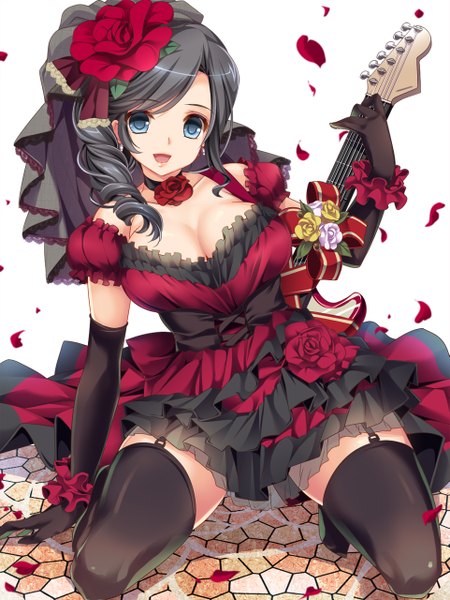 Anime picture 961x1280 with original moneti (daifuku) single long hair tall image looking at viewer open mouth blue eyes black hair girl thighhighs dress gloves flower (flowers) black thighhighs petals black gloves elbow gloves guitar