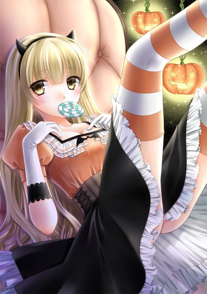 Anime picture 909x1286 with original takaaya kazuka single long hair tall image blonde hair brown eyes horn (horns) halloween girl thighhighs dress gloves food white gloves sweets striped thighhighs candy lollipop jack-o'-lantern